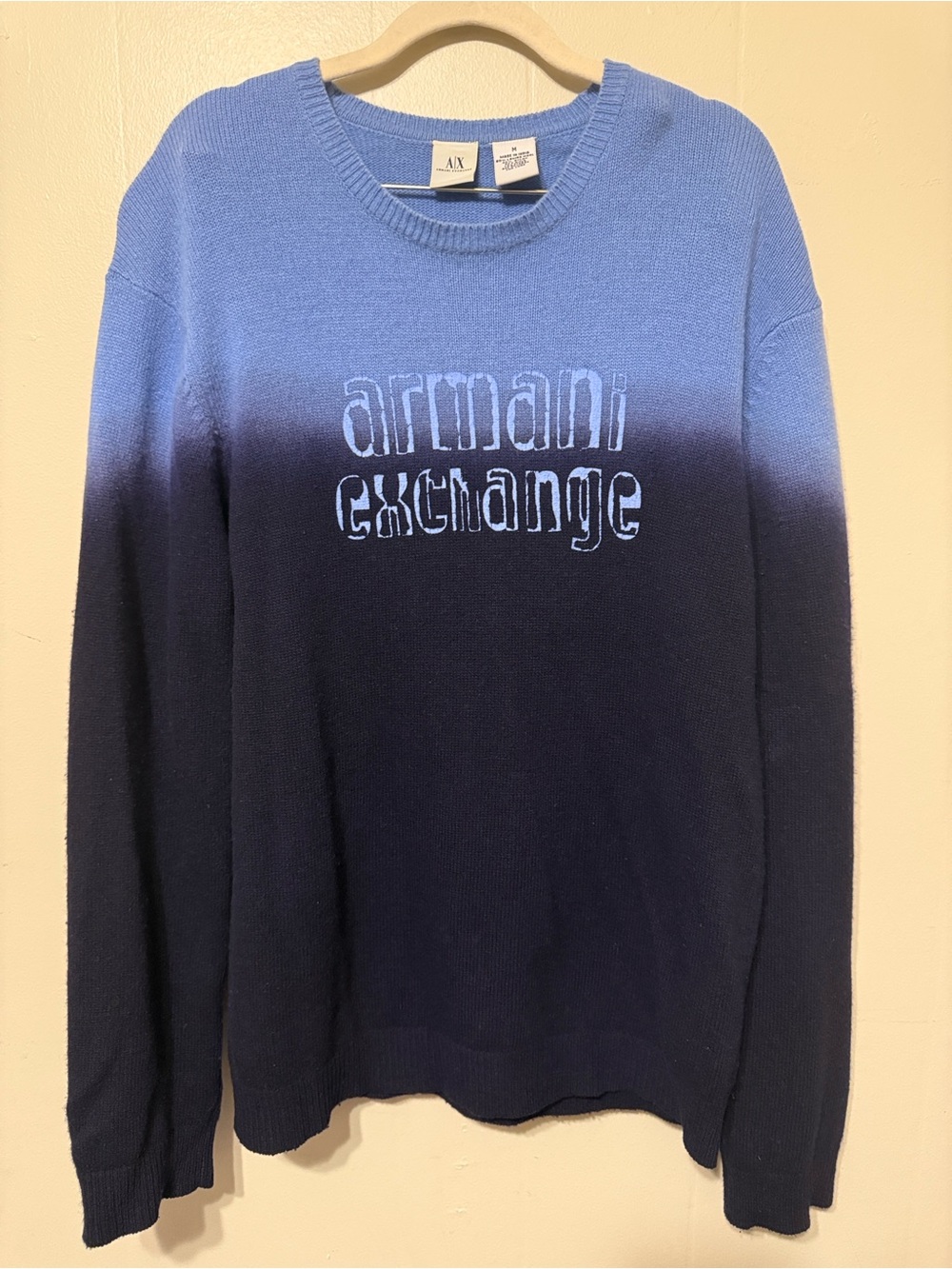 Armani Exchange Mens Medium Blue Ombre Logo SweaterLamb wool